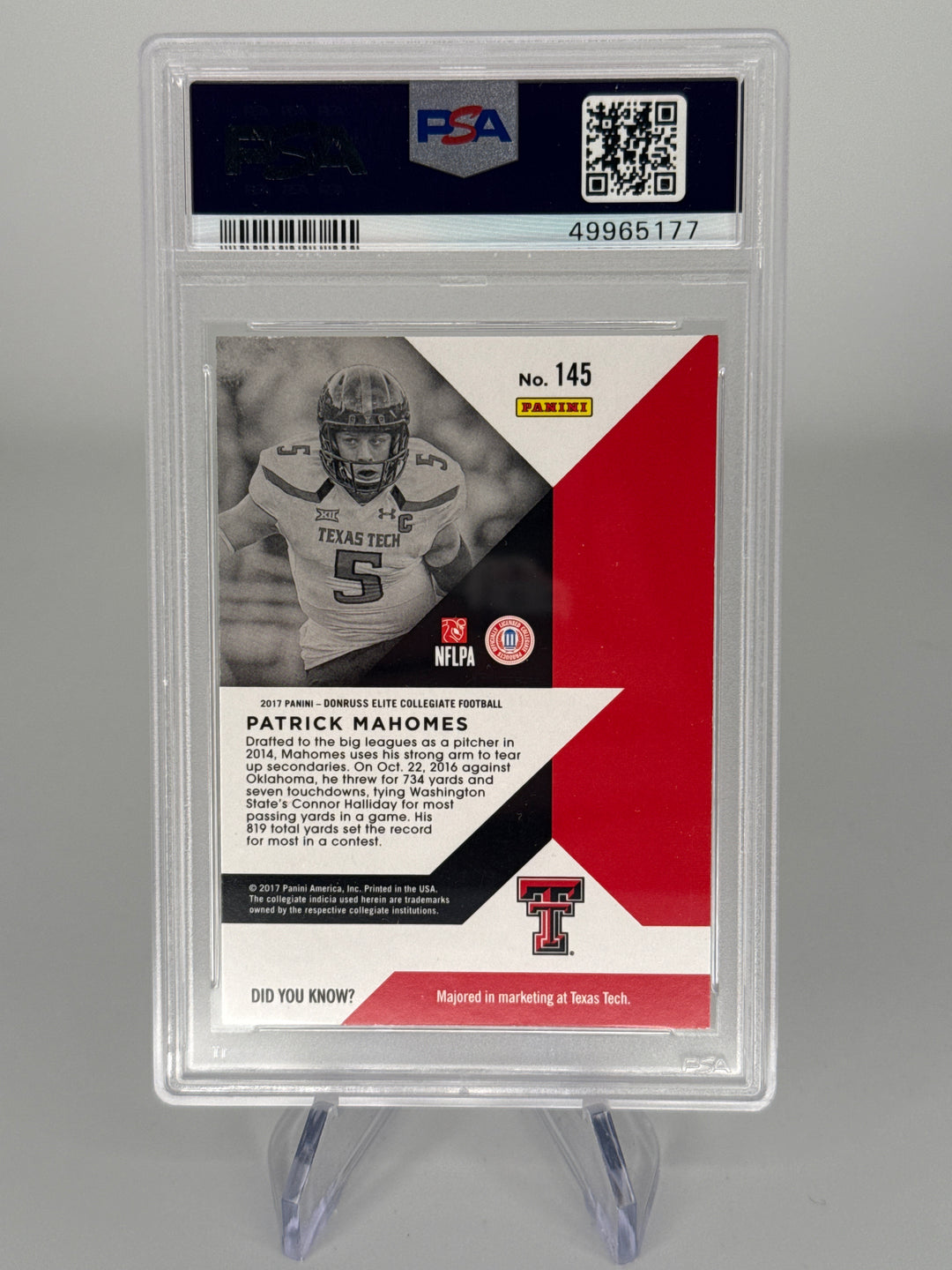 Patrick Mahomes 2017 Panini Elite Draft Picks Rookie, PSA 8