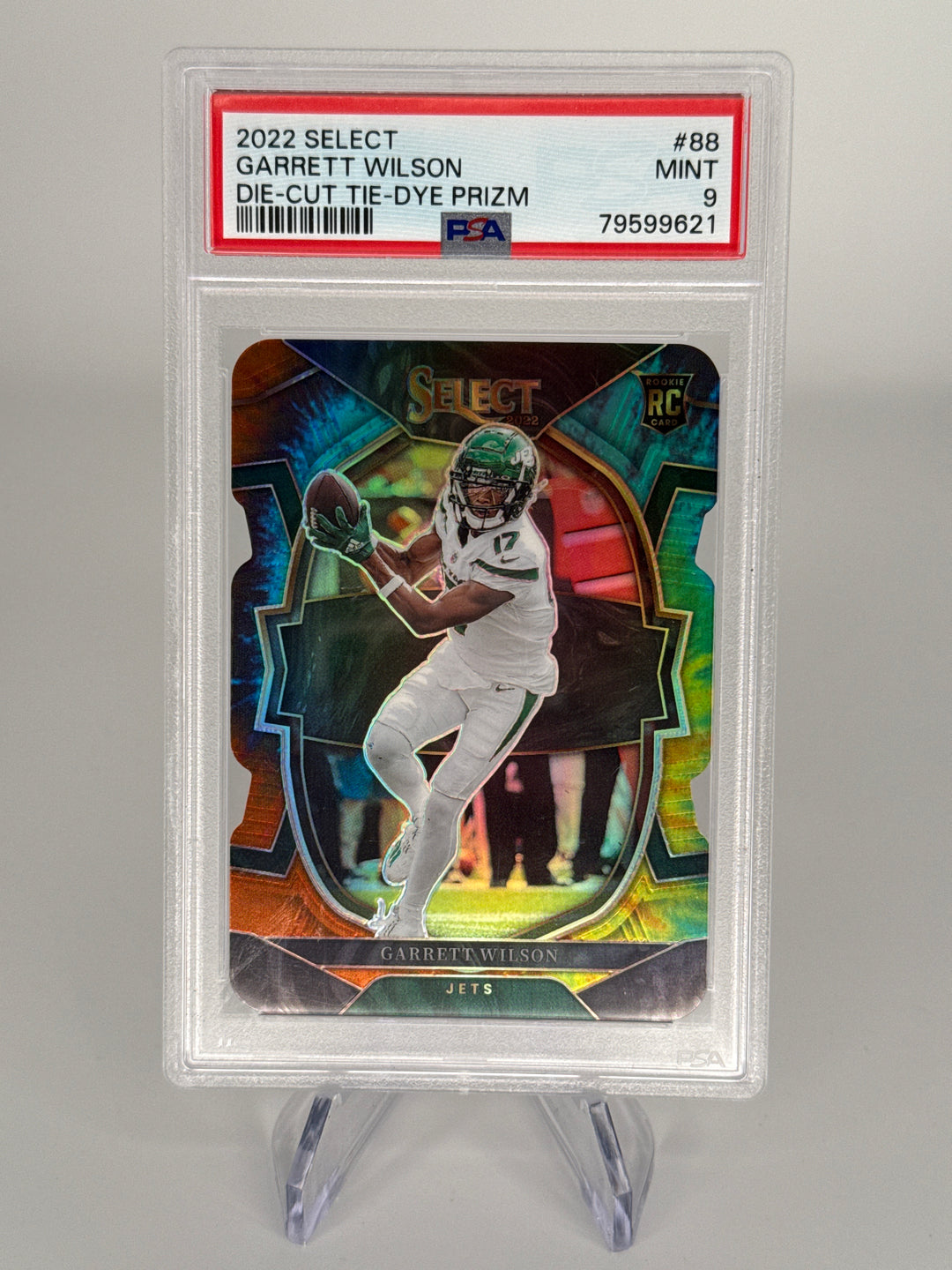 Garrett Wilson 2022 Panini Select Die Cut Tie Die Prizm Rookie, 15/25, PSA 9 Mint