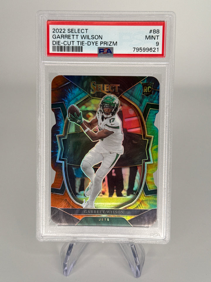 Garrett Wilson 2022 Panini Select Die Cut Tie Die Prizm Rookie, 15/25, PSA 9 Mint