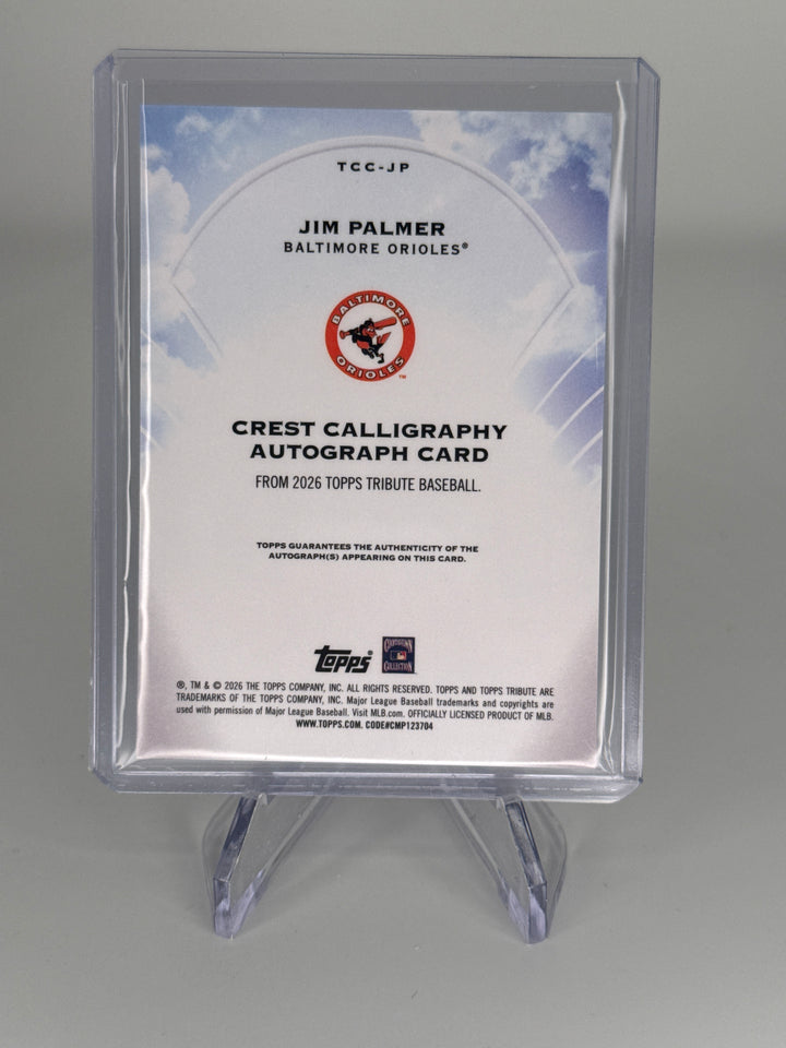 Jim Palmer 2026 Topps Tribute Crest Calligraphy Orange Auto, 15/25
