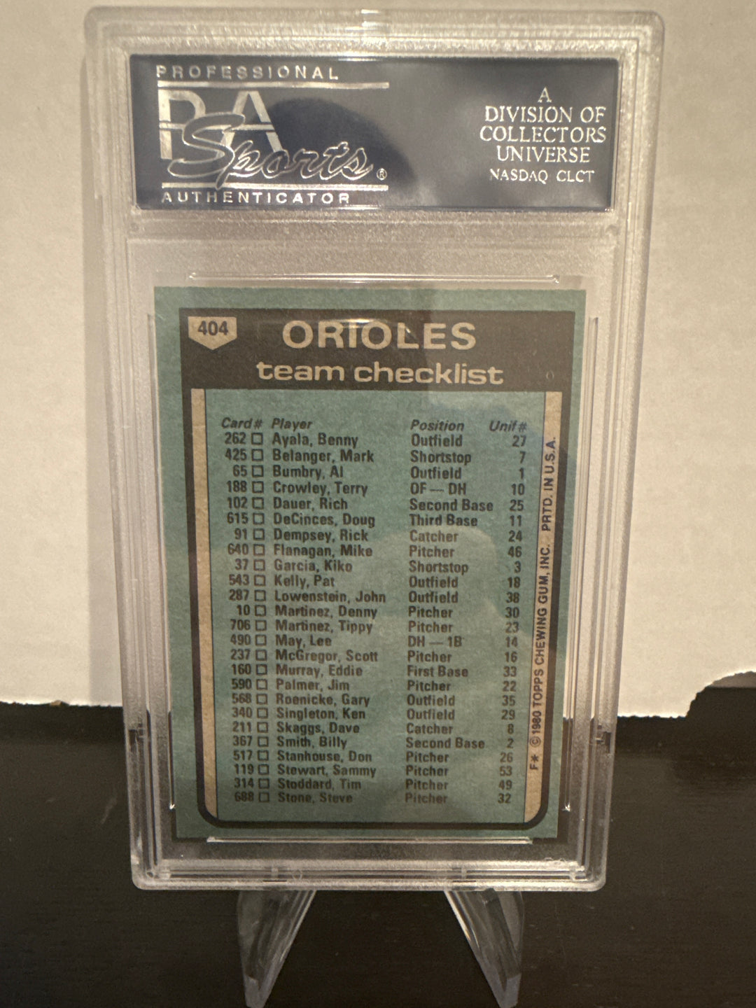 1980 Topps Orioles Team, PSA 9 Mint