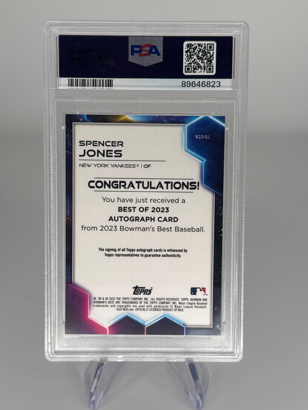 Spencer Jones 2023 Bowman's Best, Best of 2023 Auto, PSA 10 Gem Mint