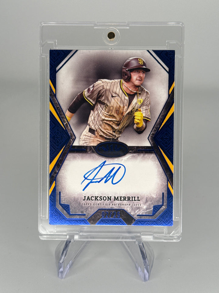 Jackson Merrill 2025 Topps Tier One Blue Foil Auto, 02/25