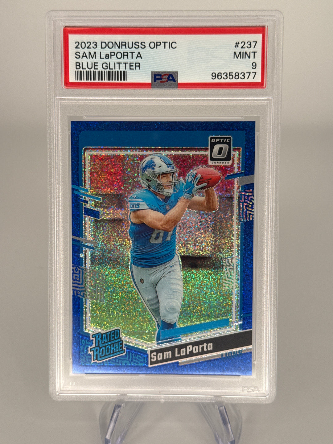 Sam LaPorta 2023 Panini Donruss Optic Blue Glitter SSP RC, PSA 9 Mint