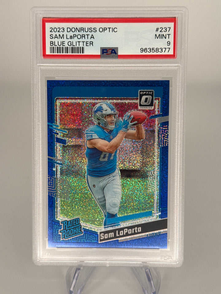 Sam LaPorta 2023 Panini Donruss Optic Blue Glitter SSP RC, PSA 9 Mint