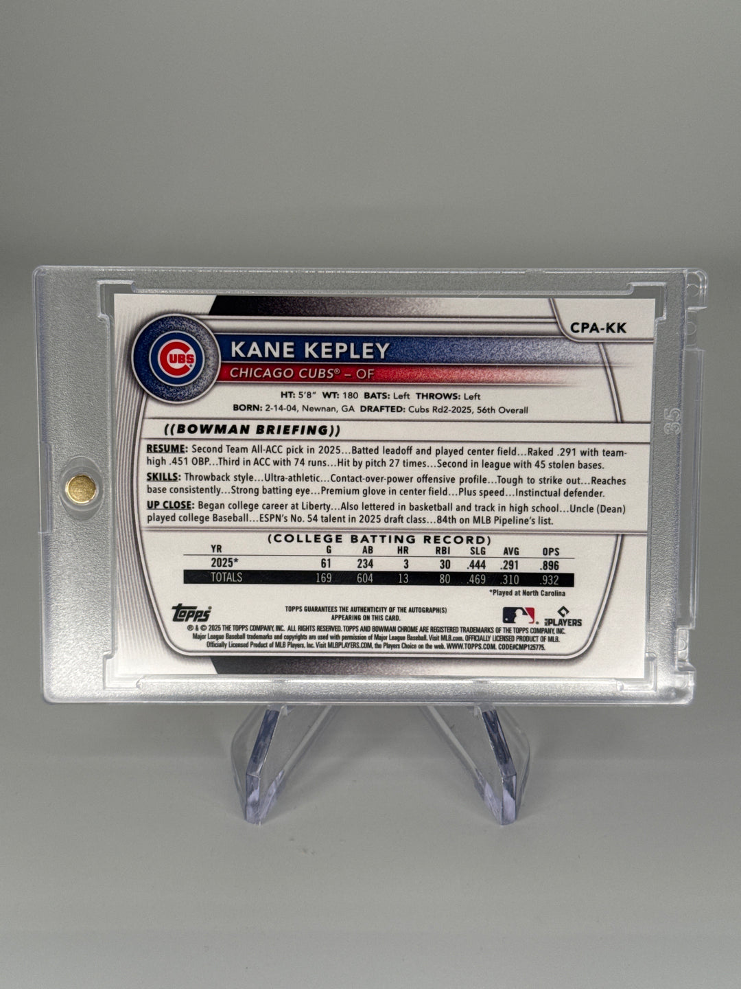 Kane Kepley 2025 Bowman Chrome 1st Bowman Orange Refractor Auto, 18/25