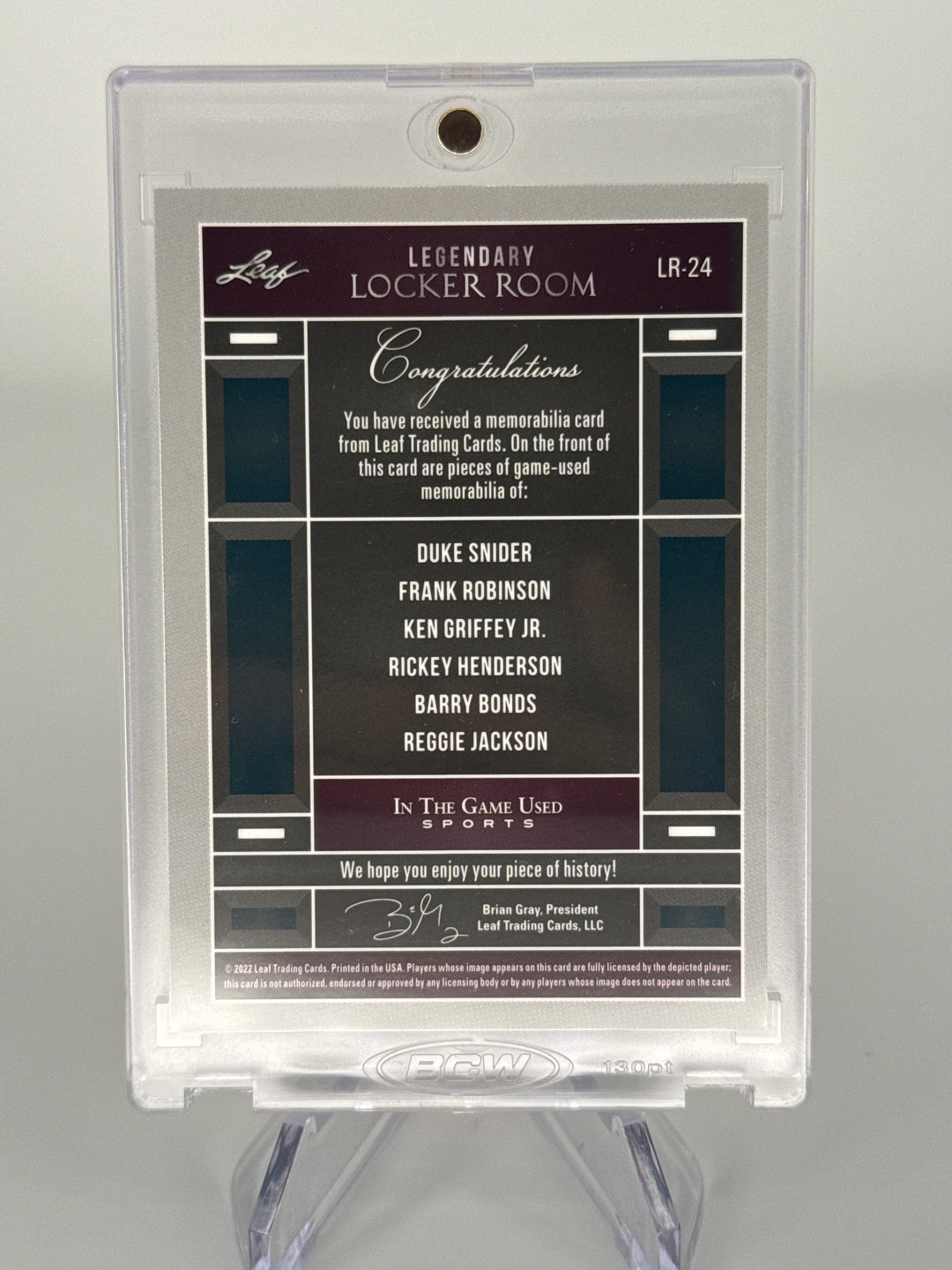 2022 Leaf In The Game Used Sports Legendary Locker Room, Duke Snider/Frank Robinson/Ken Griffey Jr/Rickey Henderson/Barry Bonds/Reggie Jackson Game Used Relics, 44/45