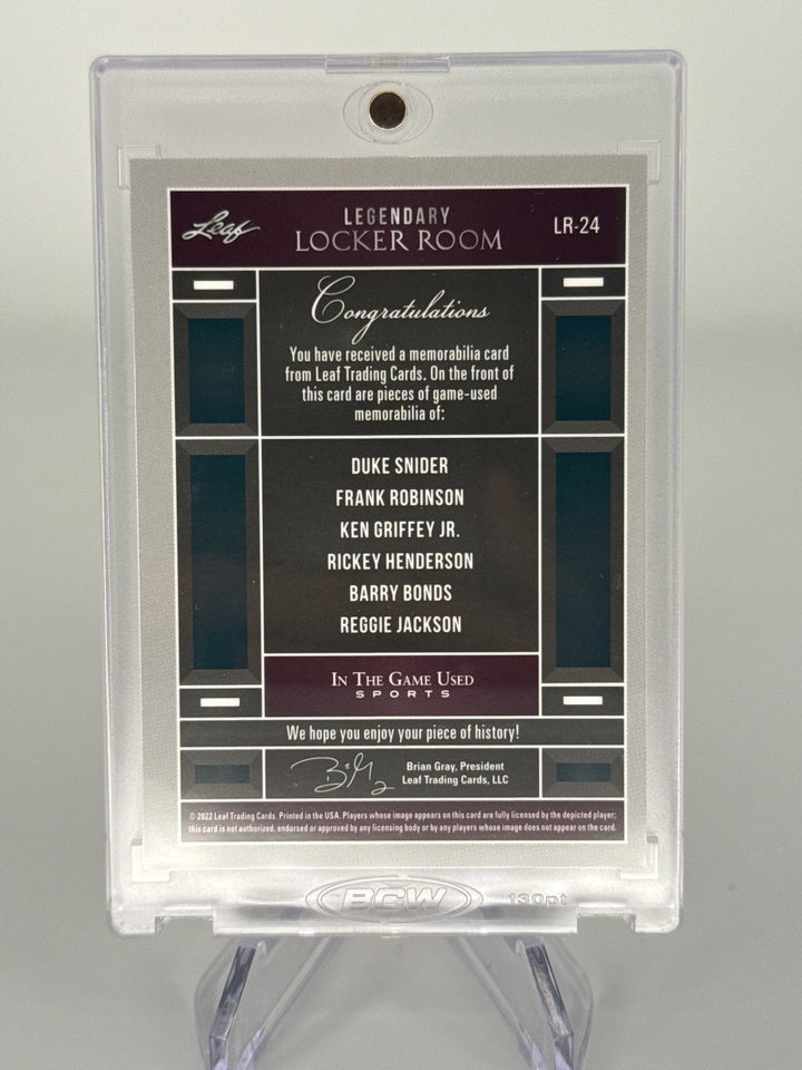 2022 Leaf In The Game Used Sports Legendary Locker Room, Duke Snider/Frank Robinson/Ken Griffey Jr/Rickey Henderson/Barry Bonds/Reggie Jackson Game Used Relics, 44/45