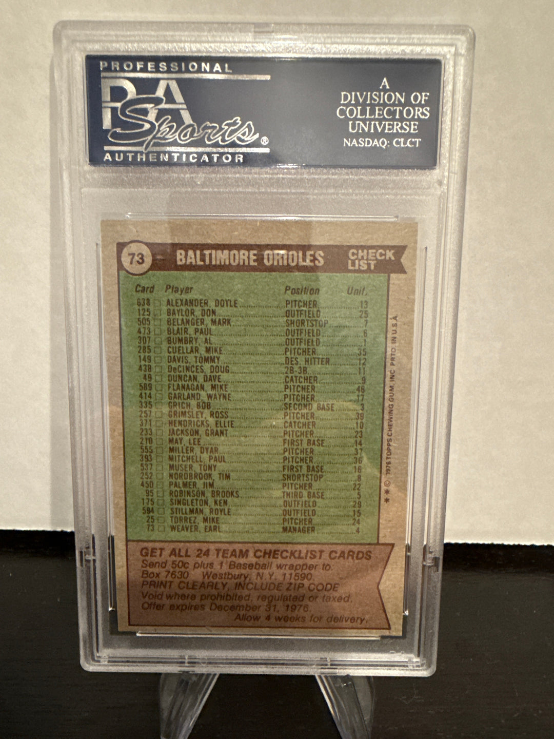 1976 Topps Orioles Team, PSA 8 Mint