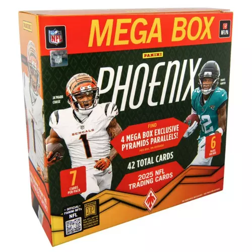 NFL trading card mega box packaging with players and branding