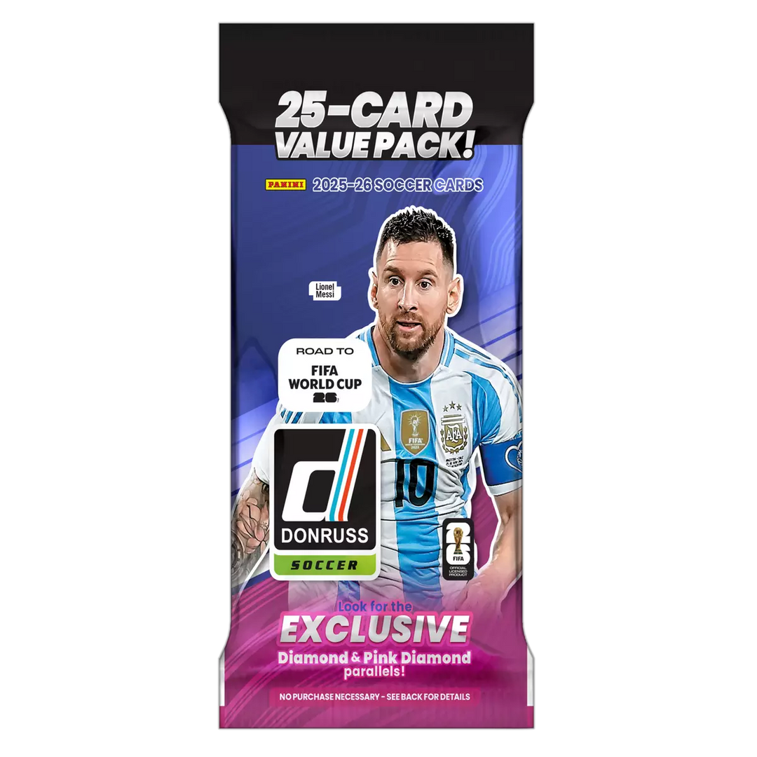 Donruss soccer trading card pack featuring a player in a blue and white jersey with 'Road to FIFA World Cup' text.