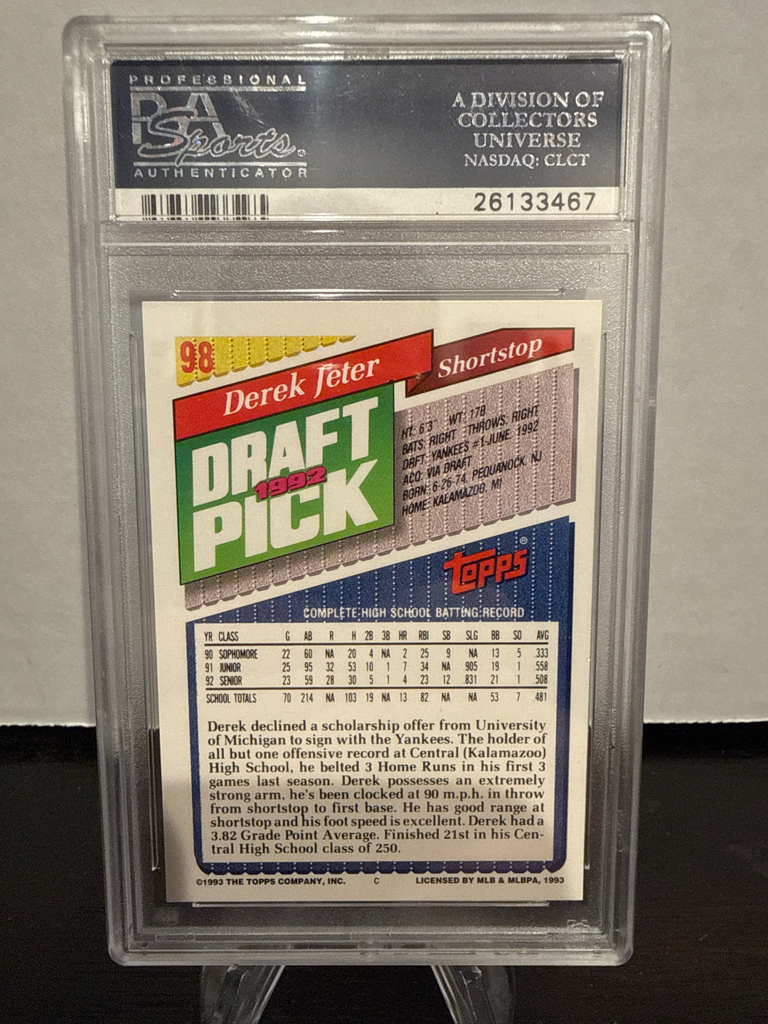 Derek Jeter 1993 Topps Rookie, PSA 10 Gem Mint