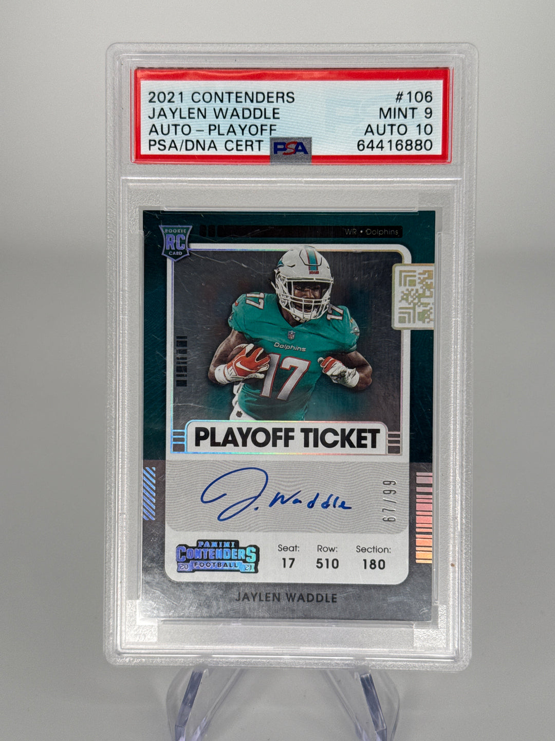 Jaylen Waddle 2021 Panini Contenders Playoff Ticket Rookie Auto, 67/99, PSA 9 Mint, PSA 10 Auto