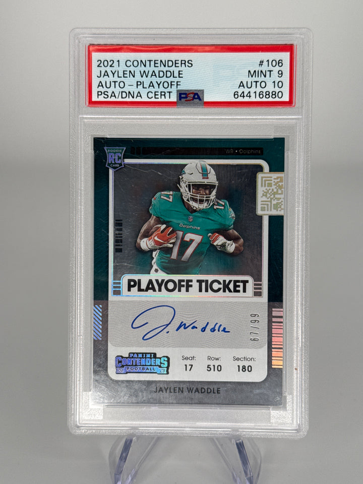 Jaylen Waddle 2021 Panini Contenders Playoff Ticket Rookie Auto, 67/99, PSA 9 Mint, PSA 10 Auto