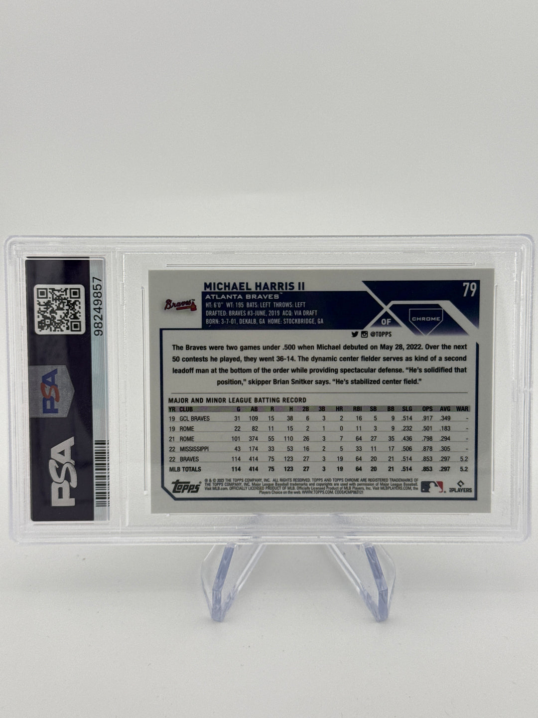 Michael Harris 2023 Topps Chrome Gold Refractor Rookie, 02/50, PSA 9 Mint