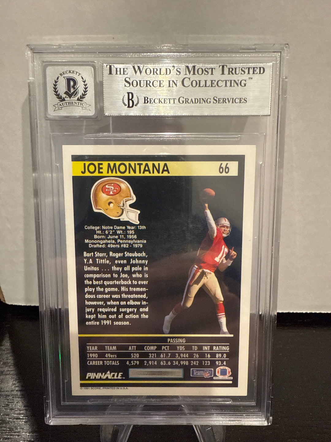 Joe Montana 1991 Pinnacle, BGS Authentic Auto