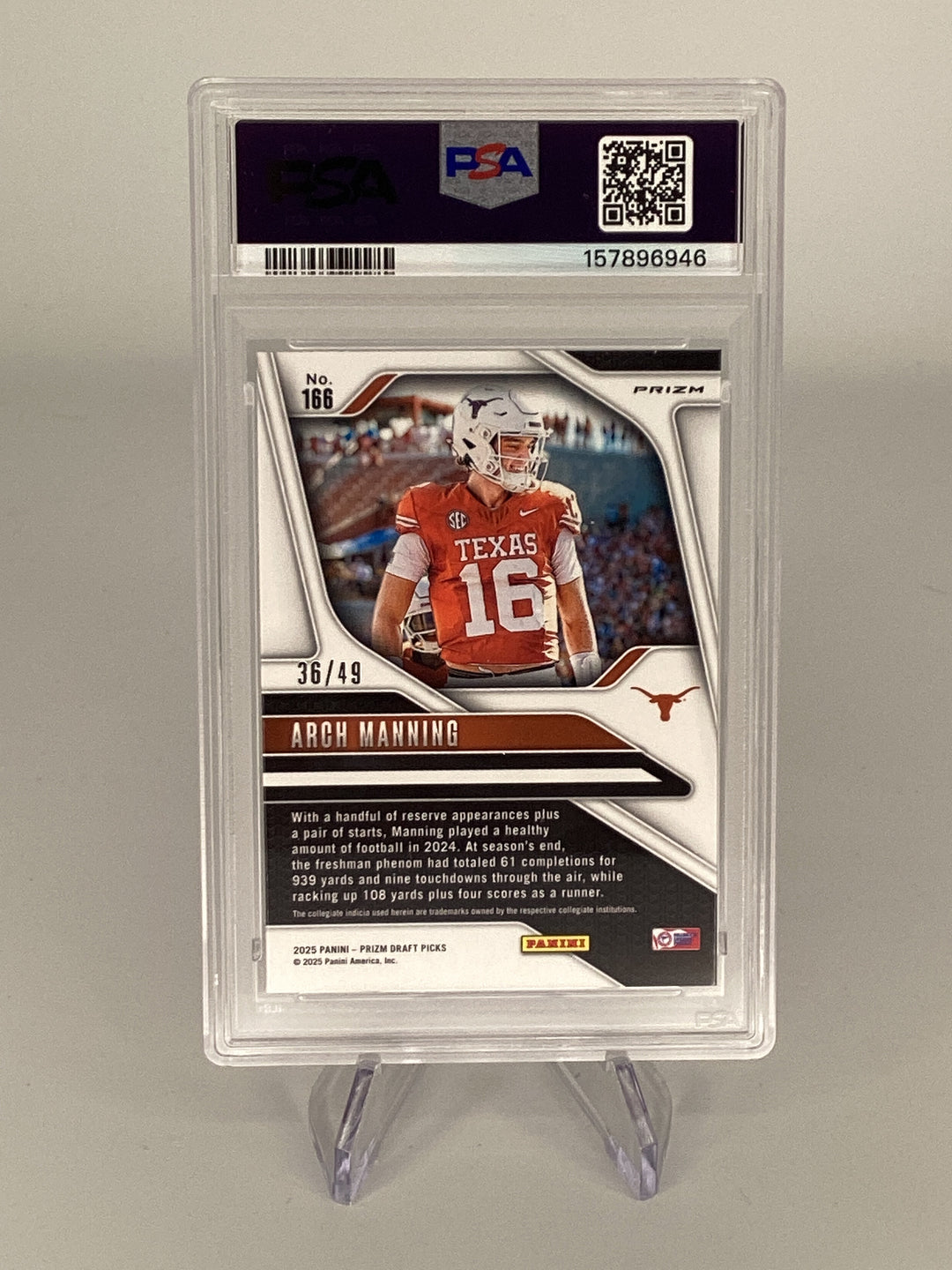 Arch Manning 2025 Panini Prizm Draft Picks Rated Prospect Red Flash, 36/49, PSA 9 Mint