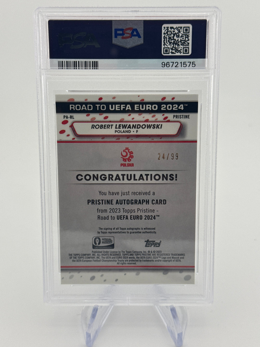Robert Lewandowski 2023 Topps Pristine Euro 2024 Pristine Auto, 24/99, PSA 10 Gem Mint