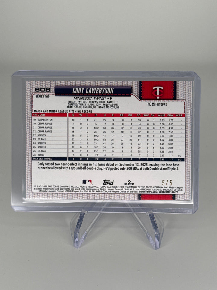 Cody Laweryson 2026 Topps Series Two Red Sparkle Foil Rookie, 5/5