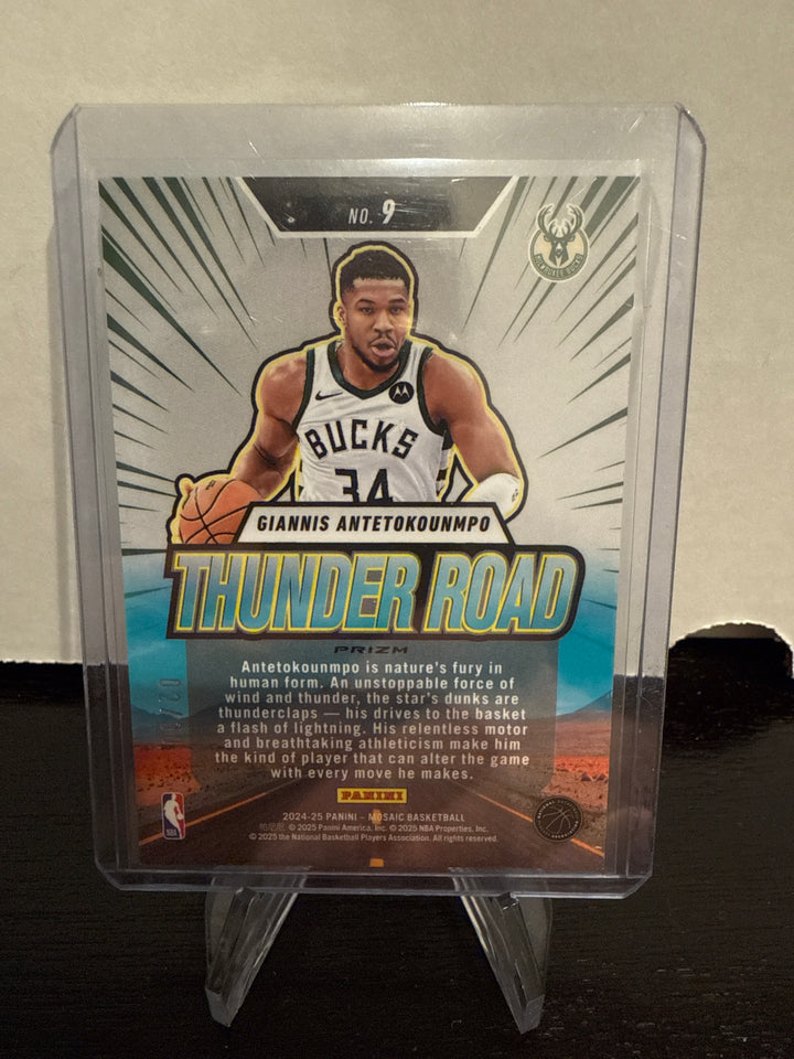 Giannis Antetokounmpo 2024-2025 Panini Mosaic Thunder Road Blue Fluorescent, 02/30