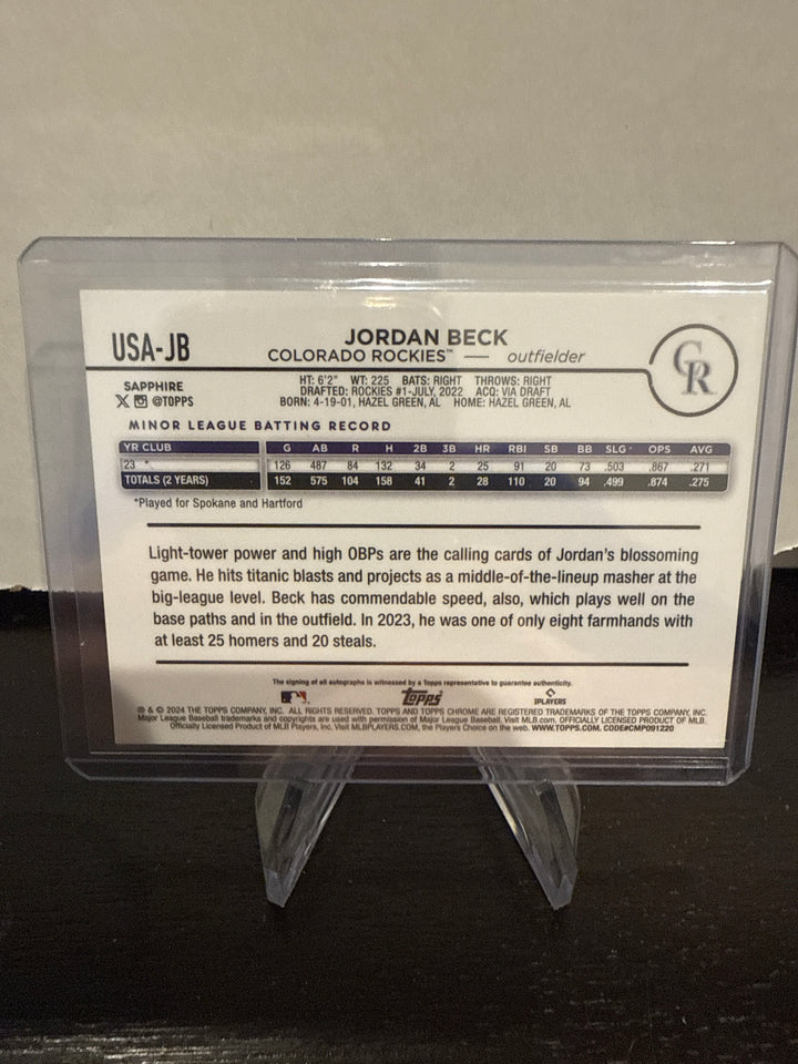 Jordan Beck 2024 Topps Chrome Sapphire Rookie Auto Green, 02/99