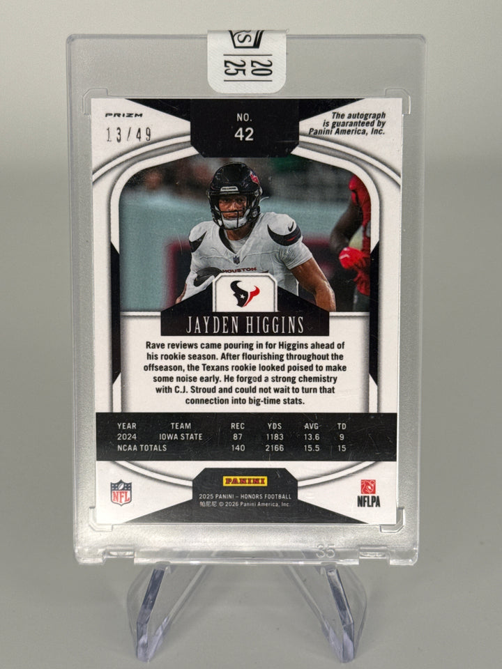 Jayden Higgins 2025 Panini Honors Silver Rookie Auto, 13/49