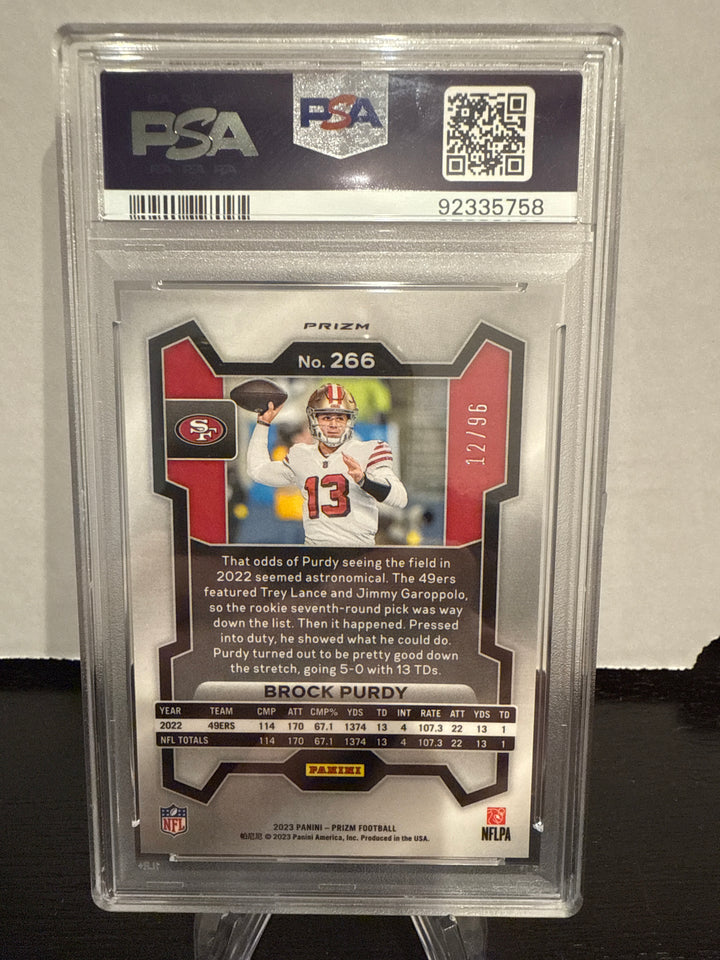 Brock Purdy 2023 Panini Prizm Blue Sparkle, 12/96, PSA 10 Gem Mint