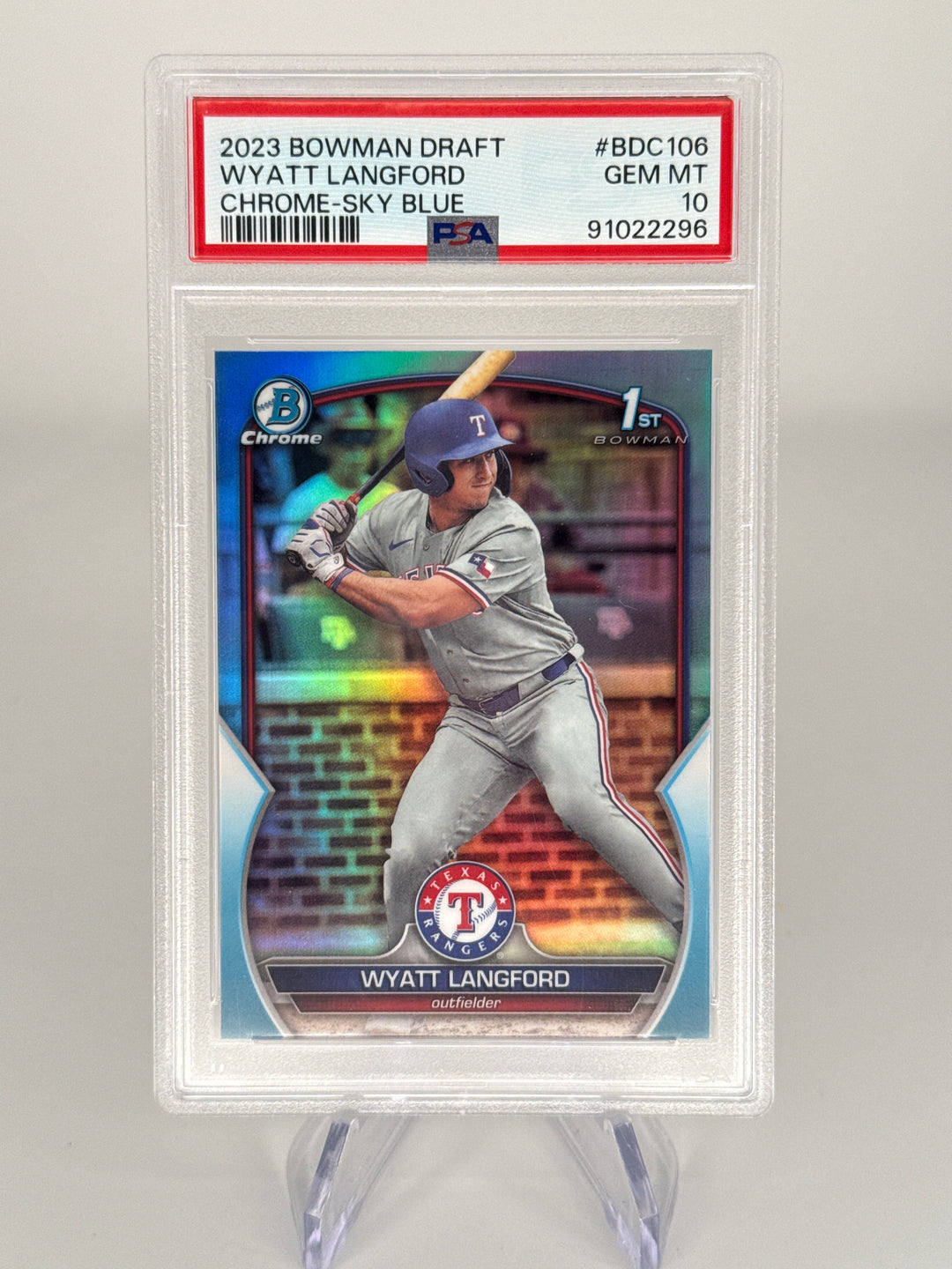 Wyatt Langford 2023 Bowman Draft Chrome 1st Sky Blue, PSA 10 Gem Mint