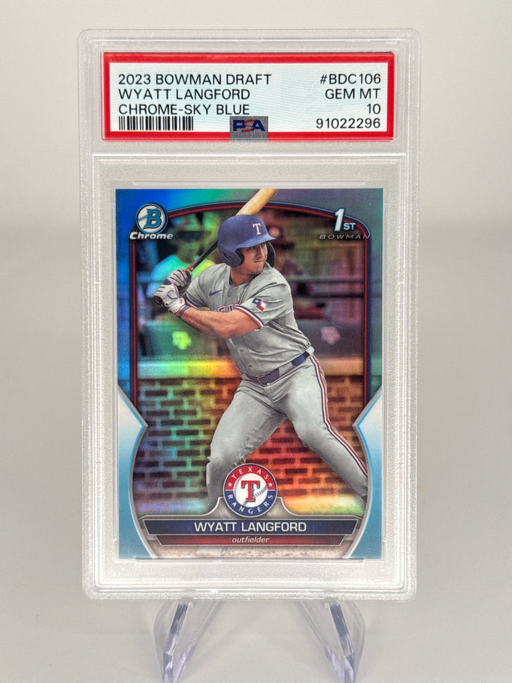 Wyatt Langford 2023 Bowman Draft Chrome 1st Sky Blue, PSA 10 Gem Mint