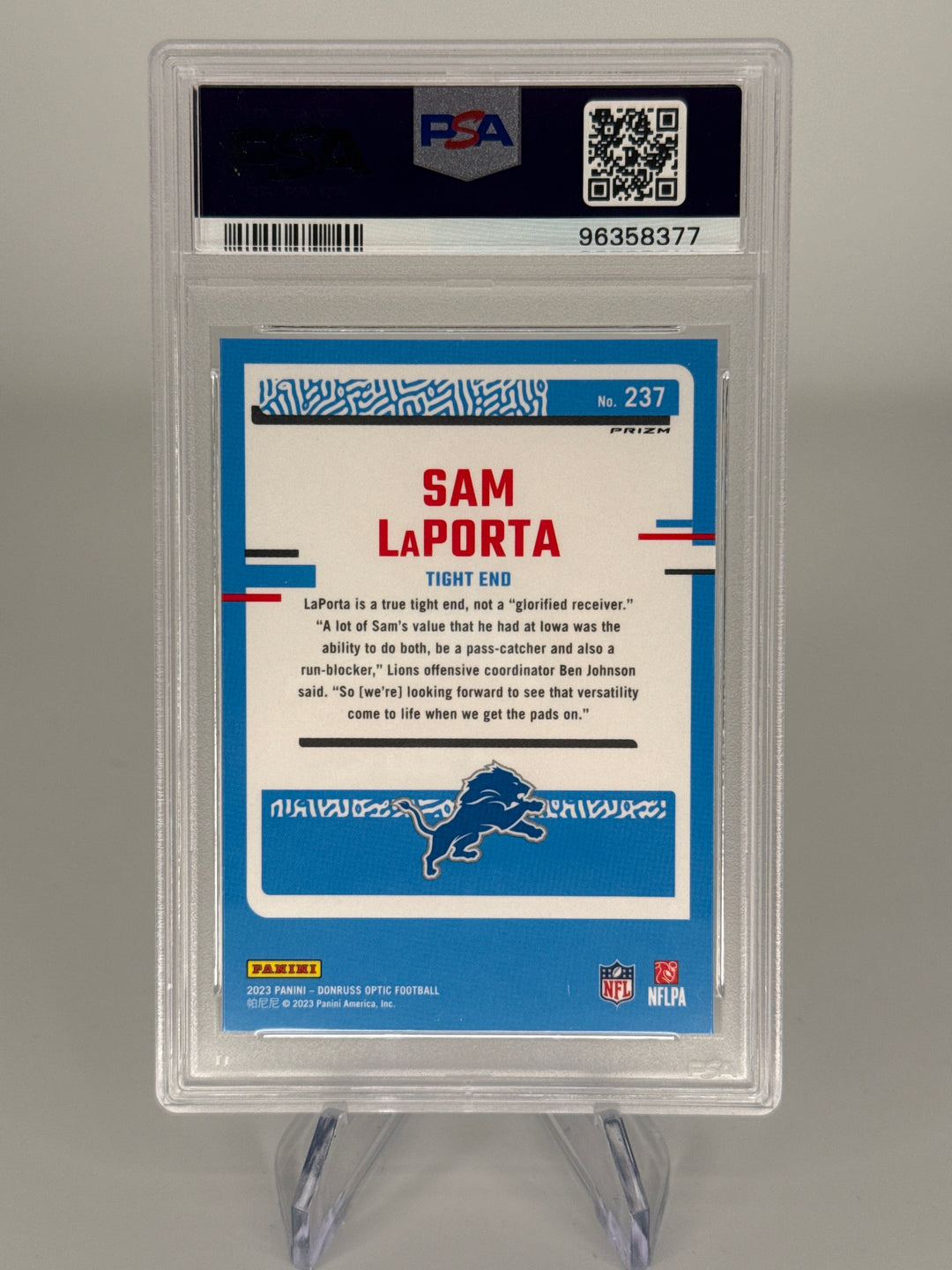Sam LaPorta 2023 Panini Donruss Optic Blue Glitter SSP RC, PSA 9 Mint