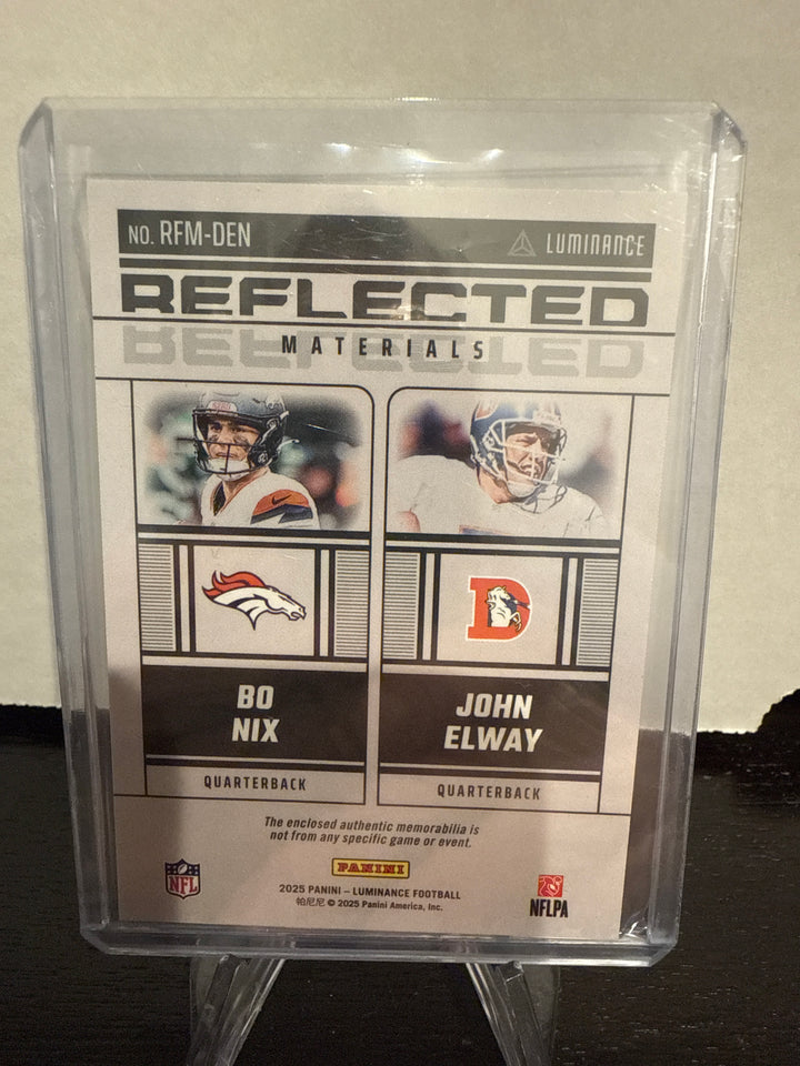 Bo Nix/John Elway 2025 Panini Luminance Reflected Materials Dual Relic, 43/50