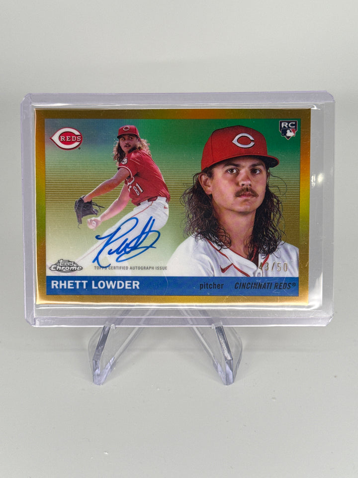 Rhett Lowder 2025 Topps Chrome Platinum Gold Rookie Refractor Rookie Auto, 43/50