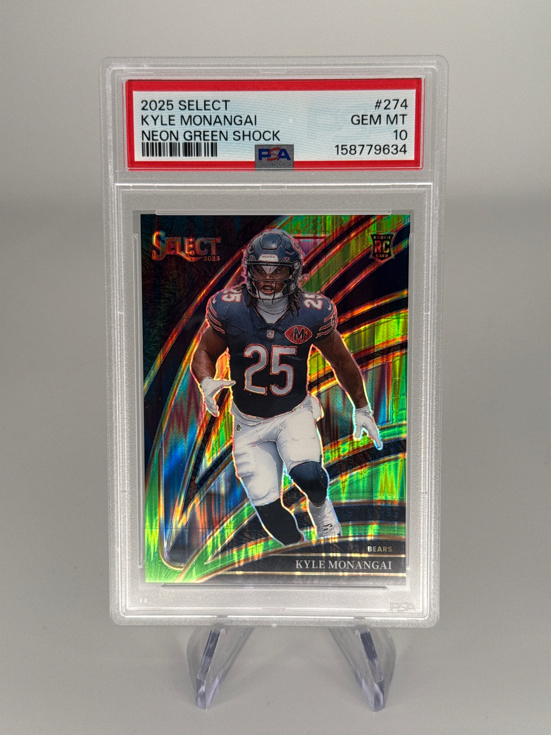 Kyle Monangai 2025 Panini Select Neon Green Shock Rookie, 098/699, PSA 10 Gem Mint