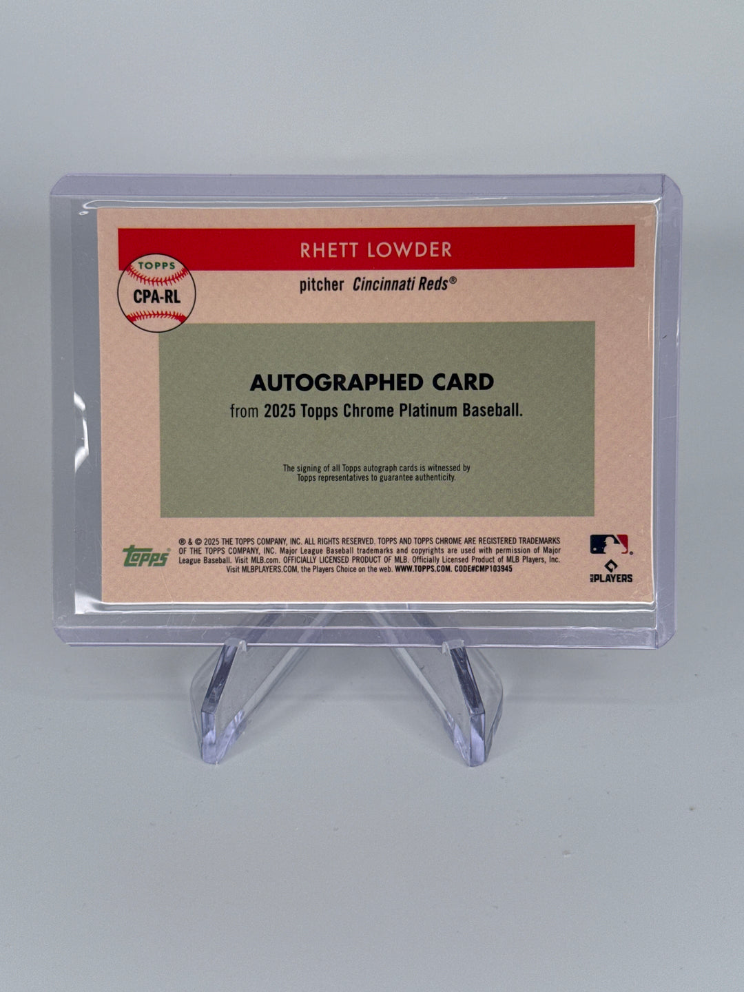 Rhett Lowder 2025 Topps Chrome Platinum Gold Rookie Refractor Rookie Auto, 43/50