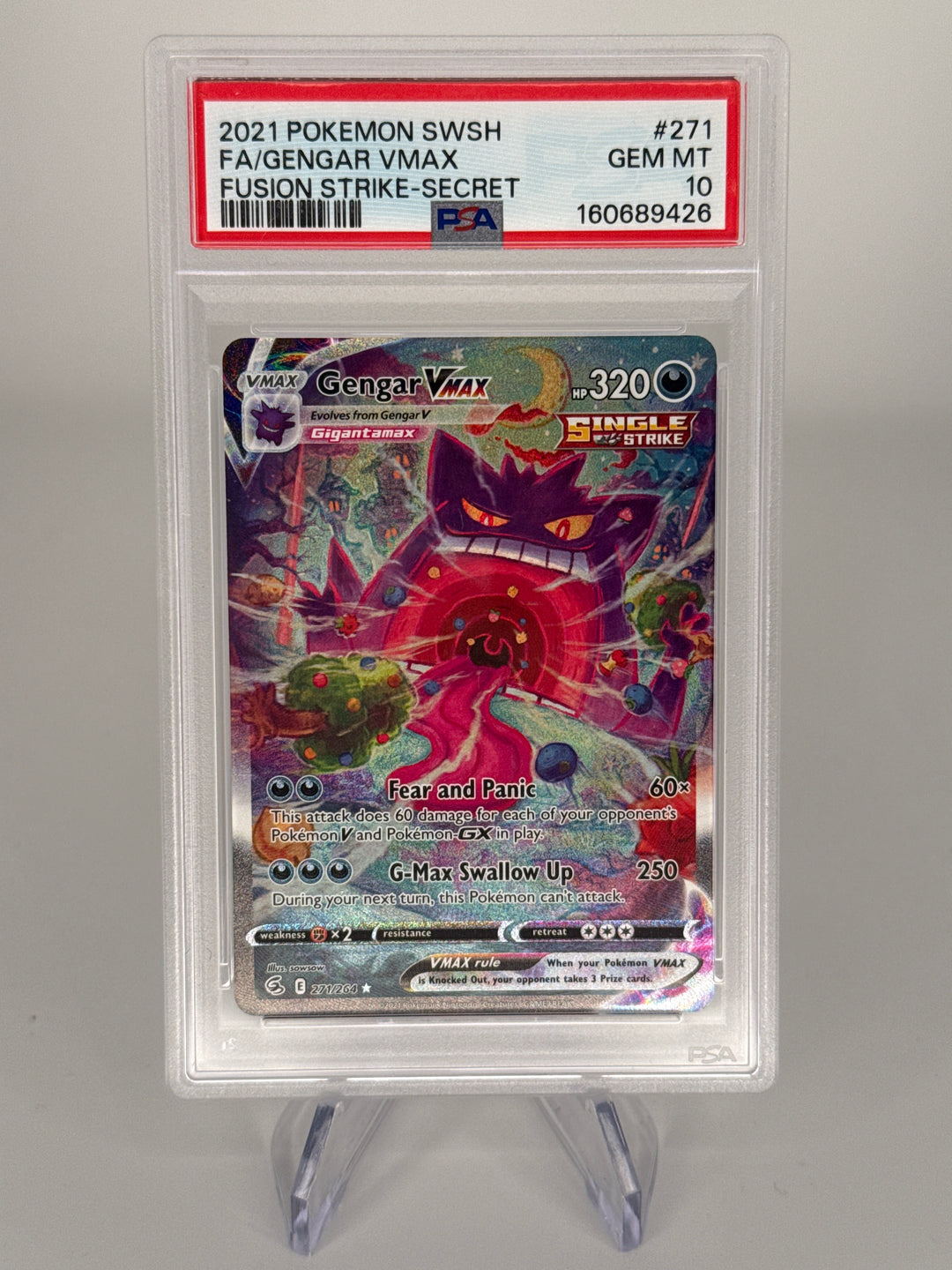 Pokemon TCG 2021 Gengar VMax Fusion Strike Alt Art Secret Rare, 271/264, PSA 10 Gem Mint