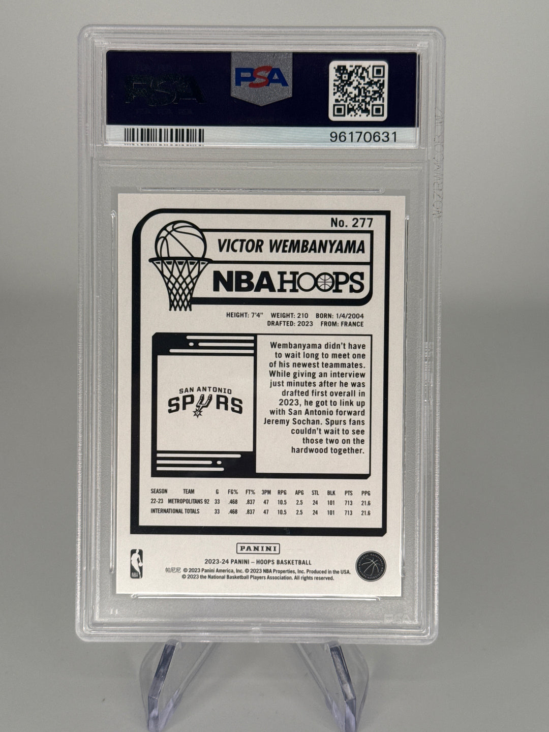 Victor Wembanyama 2023 Panini NBA Hoops Rookie, PSA 10 Gem Mint