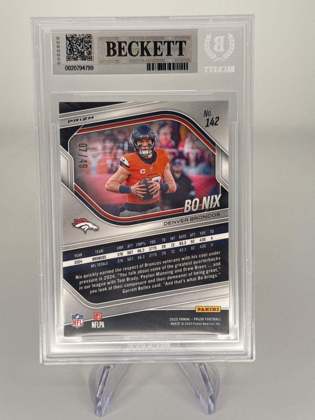 Bo Nix 2025 Panini Prizm Purple Power Prizm, 07/49, BGS 9 Mint