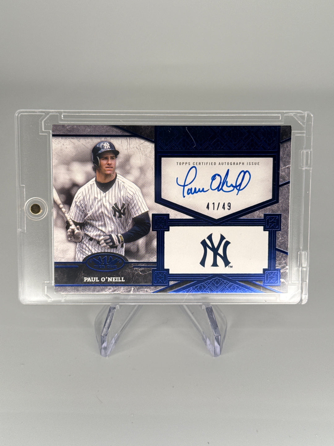 Paul O'Neill 2025 Topps Tier One Top Shelf Blue Foil Auto, 41/49