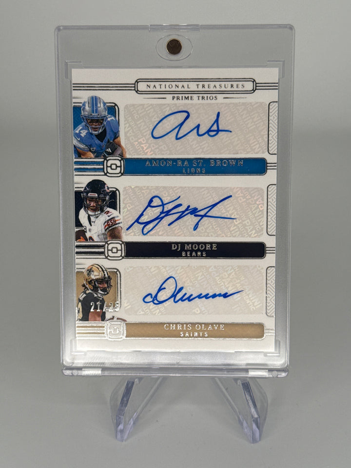 Amon-Ra St. Brown/DJ Moore/Chris Olave 2024 Panini National Treasures Prime Trios Triple Auto, 21/25