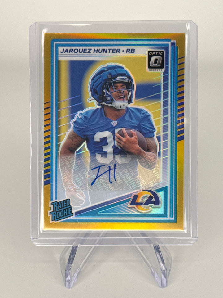 Jarquez Hunter 2025 Panini Donruss Optic Rated Rookie Gold Auto, 02/10