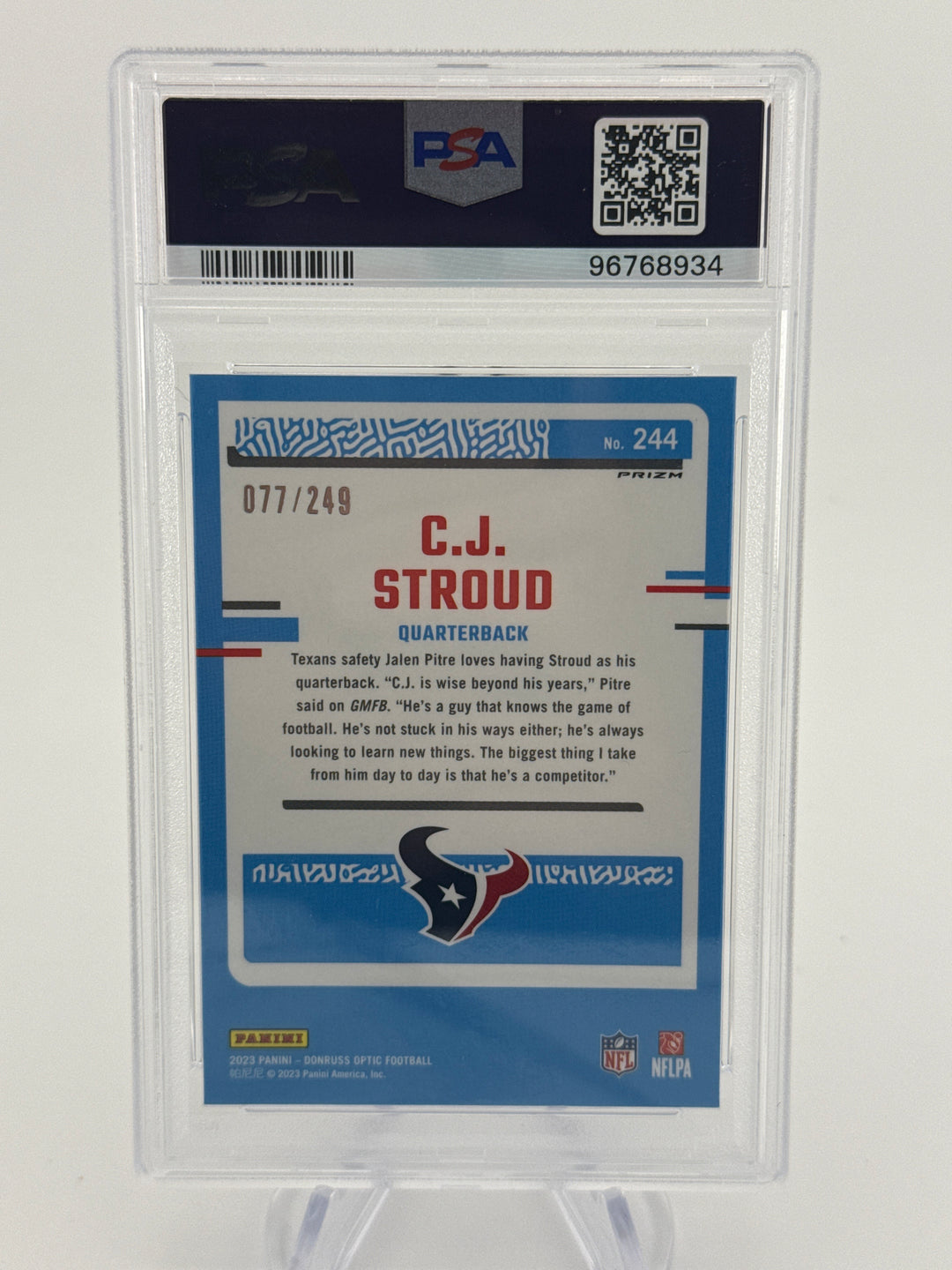 CJ Stroud 2023 Panini Donruss Optic Orange Prizm Rookie, 077/249, PSA 10 Gem Mint
