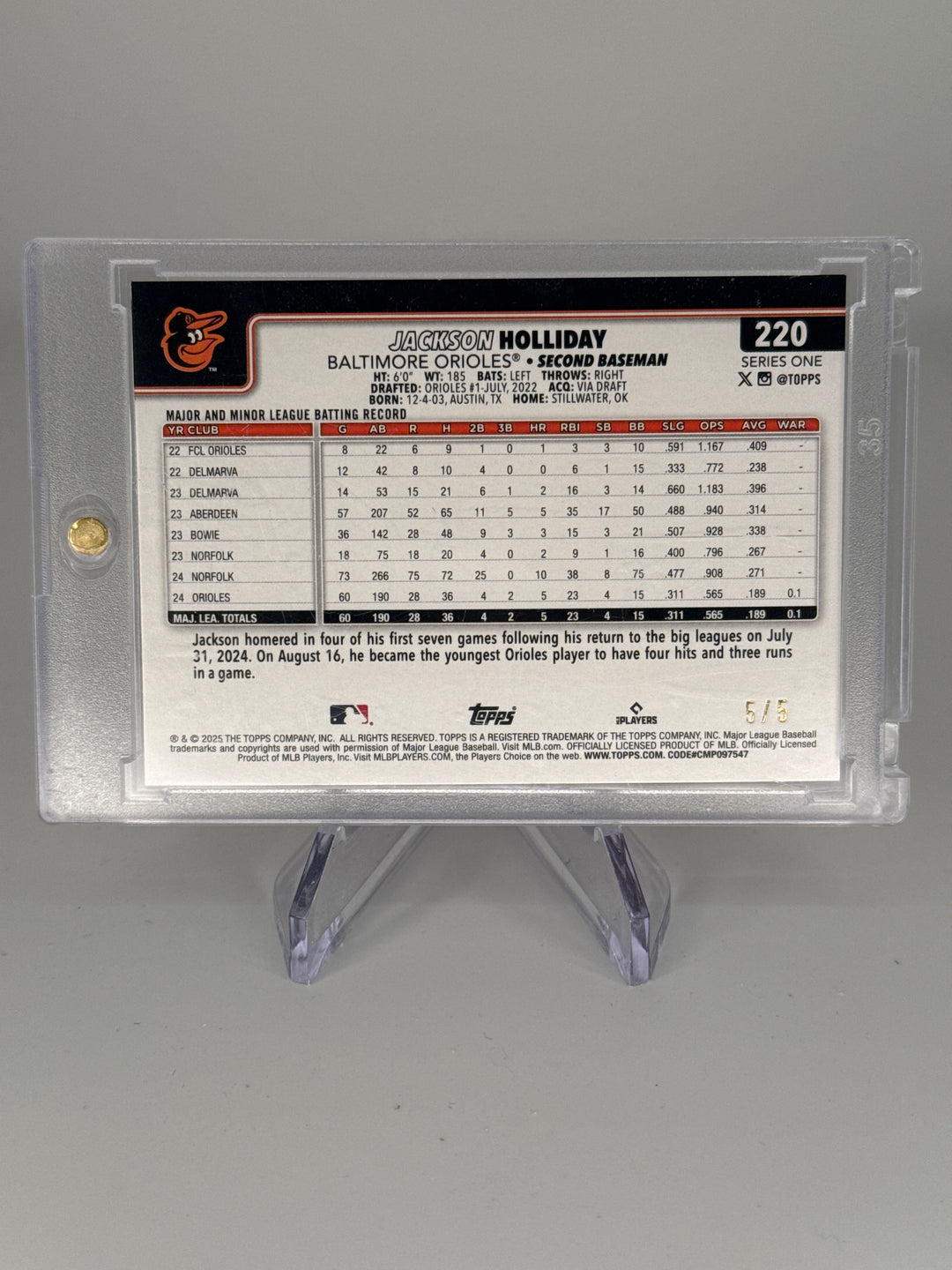 Jackson Holliday 2025 Topps Series One Red Diamante Foil Future Stars, 5/5
