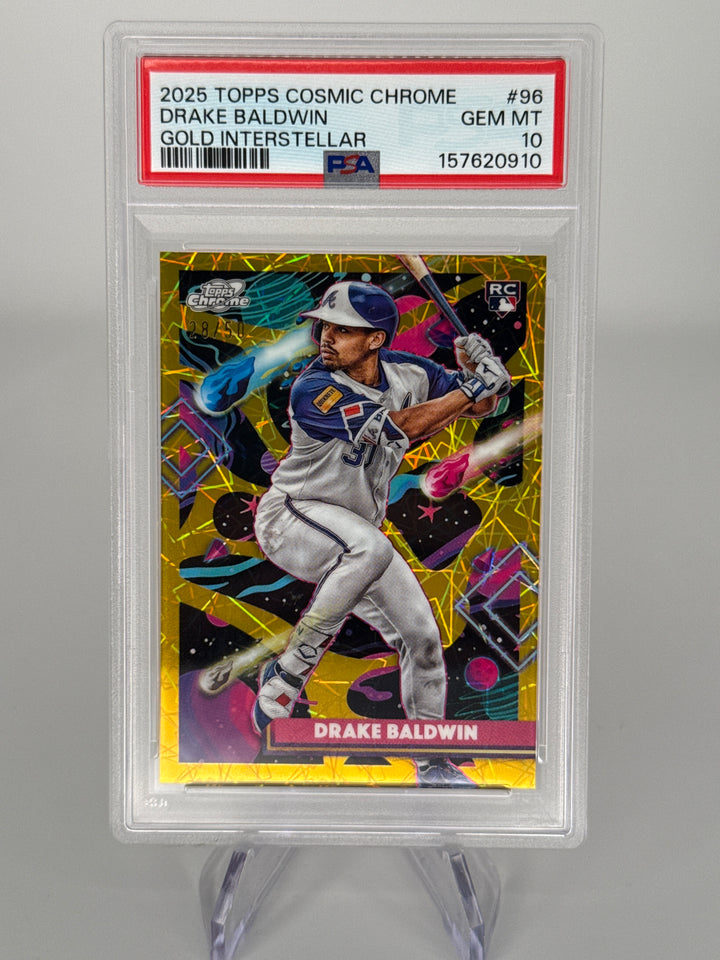 Drake Baldwin 2025 Topps Cosmic Chrome Gold Interstellar Refractor Rookie, 28/50, PSA 10 Gem Mint
