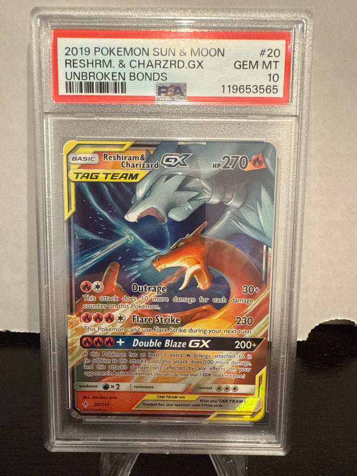 Pokemon TCG 2019 Reshiram & Charizard GX Tag Team Unbroken Bonds Full Art Holo, 20/214, PSA 10 Gem Mint