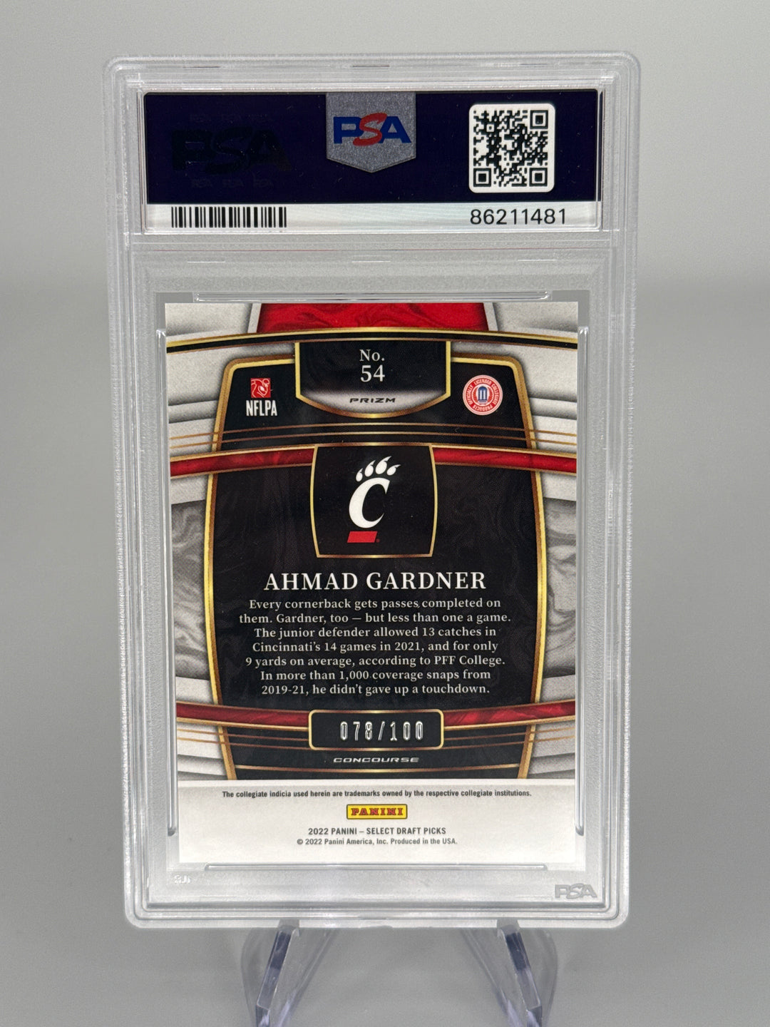 Ahmad "Sauce" Gardner 2022 Panini Select Draft Picks Blue/White Squares Rookie, 078/100, PSA 10 Gem Mint