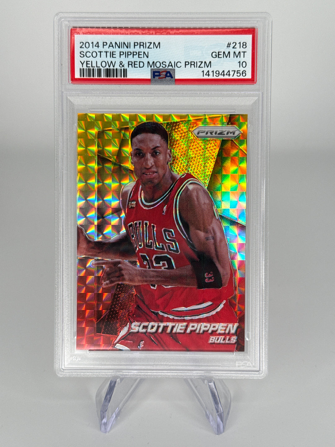 Scottie Pippen 2014 Panini Prizm Yellow & Red Mosaic Prizm, PSA 10 Gem Mint