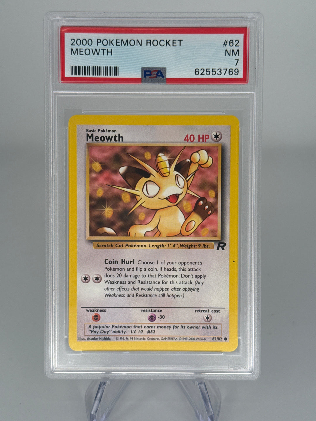 Pokemon TCG 2000 Meowth Team Rocket, 62/82, PSA 7