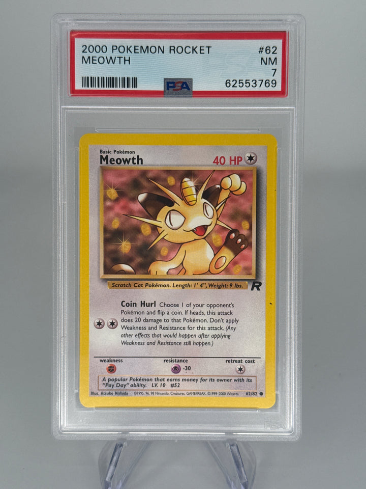 Pokemon TCG 2000 Meowth Team Rocket, 62/82, PSA 7