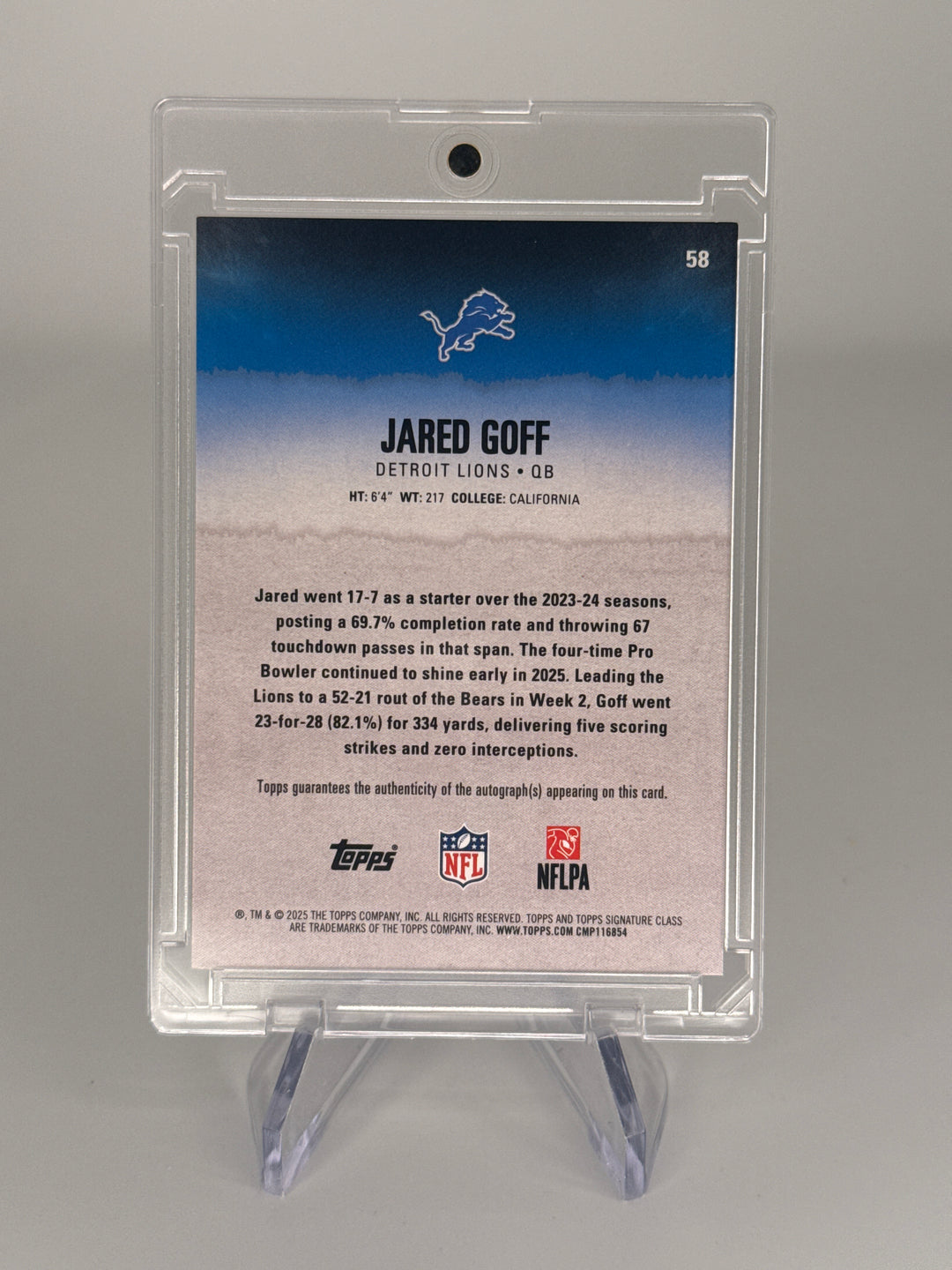Jared Goff 2025 Topps Signature Class Silver Foil Auto, 098/275