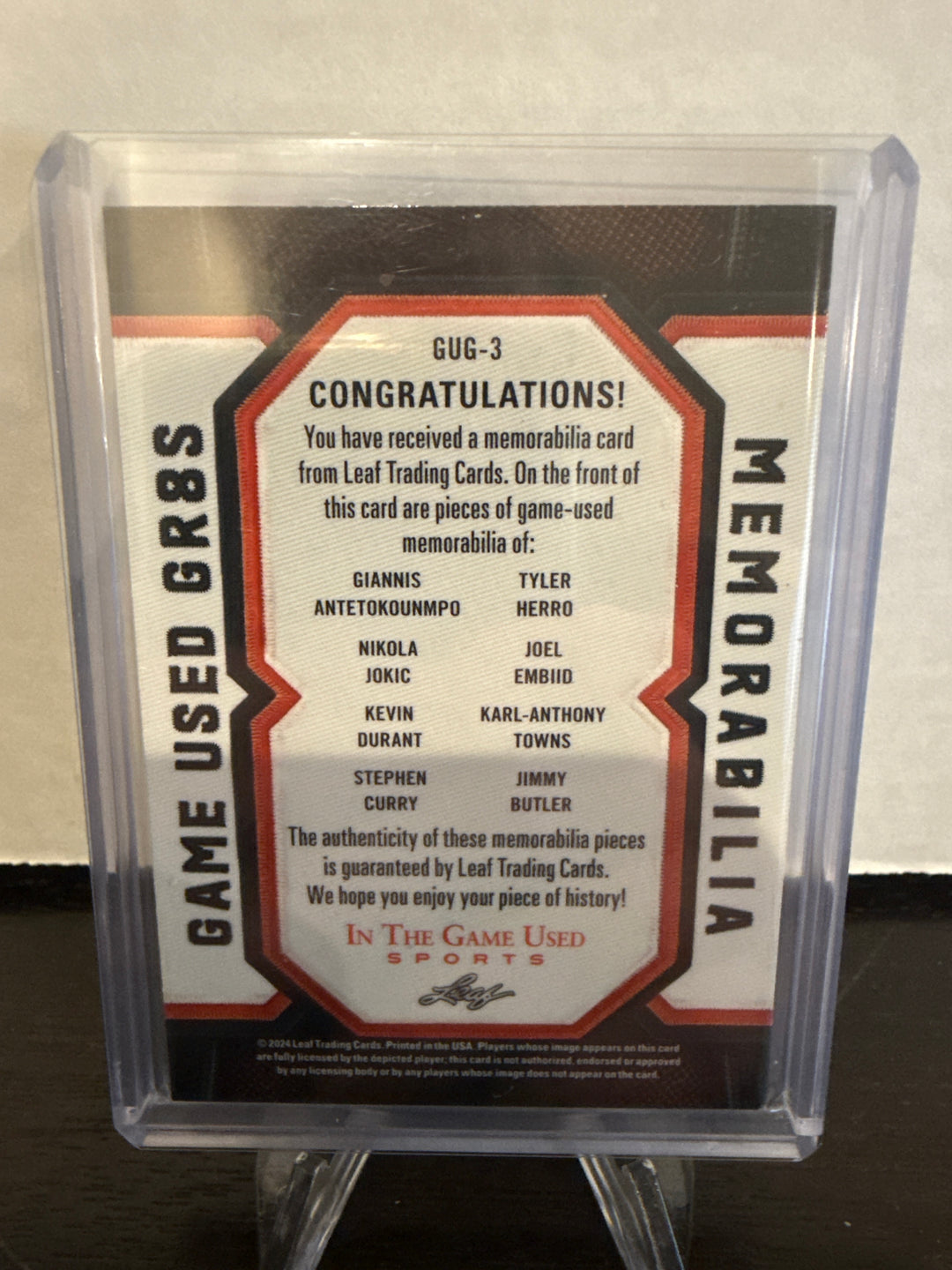 2024 Leaf In The Game Used Sports, Game Used GR8S, Giannis Antetokounmpo/Tyler Herro/Nikola Jokic/Joel Embiid/Kevin Durant/Karl-Anthony Towns/Stephen Curry/Jimmy Buttler Game Used Relics, 31/35